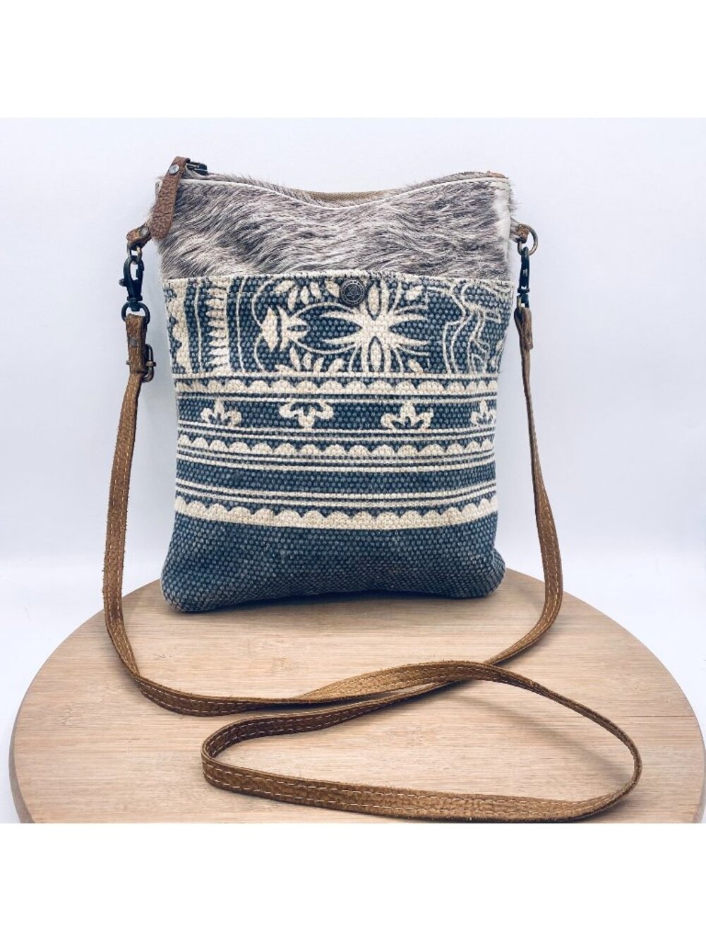 Myra Crossbody Bag Medium Blue Gray Leather Messenger Bag Purse Boho